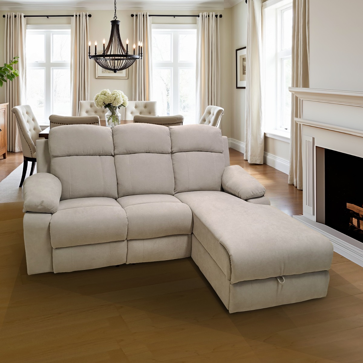 SALOTTO MOD. ULISSE CHAISE LONGUE DX CON RECLINER MANUALE TESSUTO TORTORA CHIARO