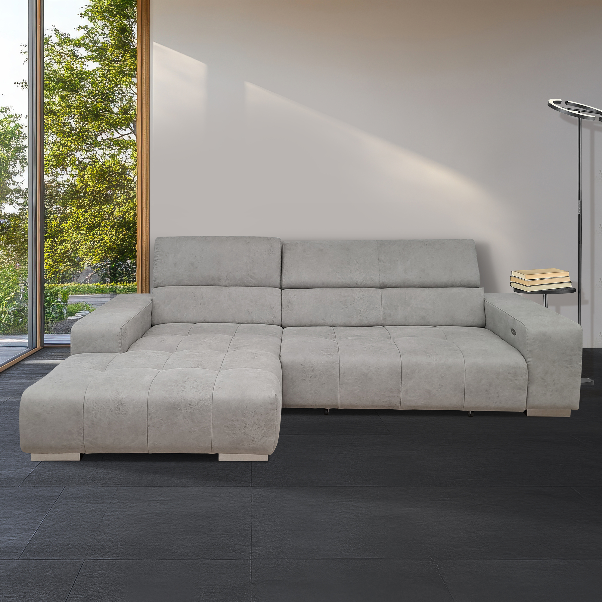 SALOTTO MOD. ORION PENISOLA SX IN TESSUTO GRIGIO CHIARO CON SEDUTA ESTRAIBILE ELETTRICA