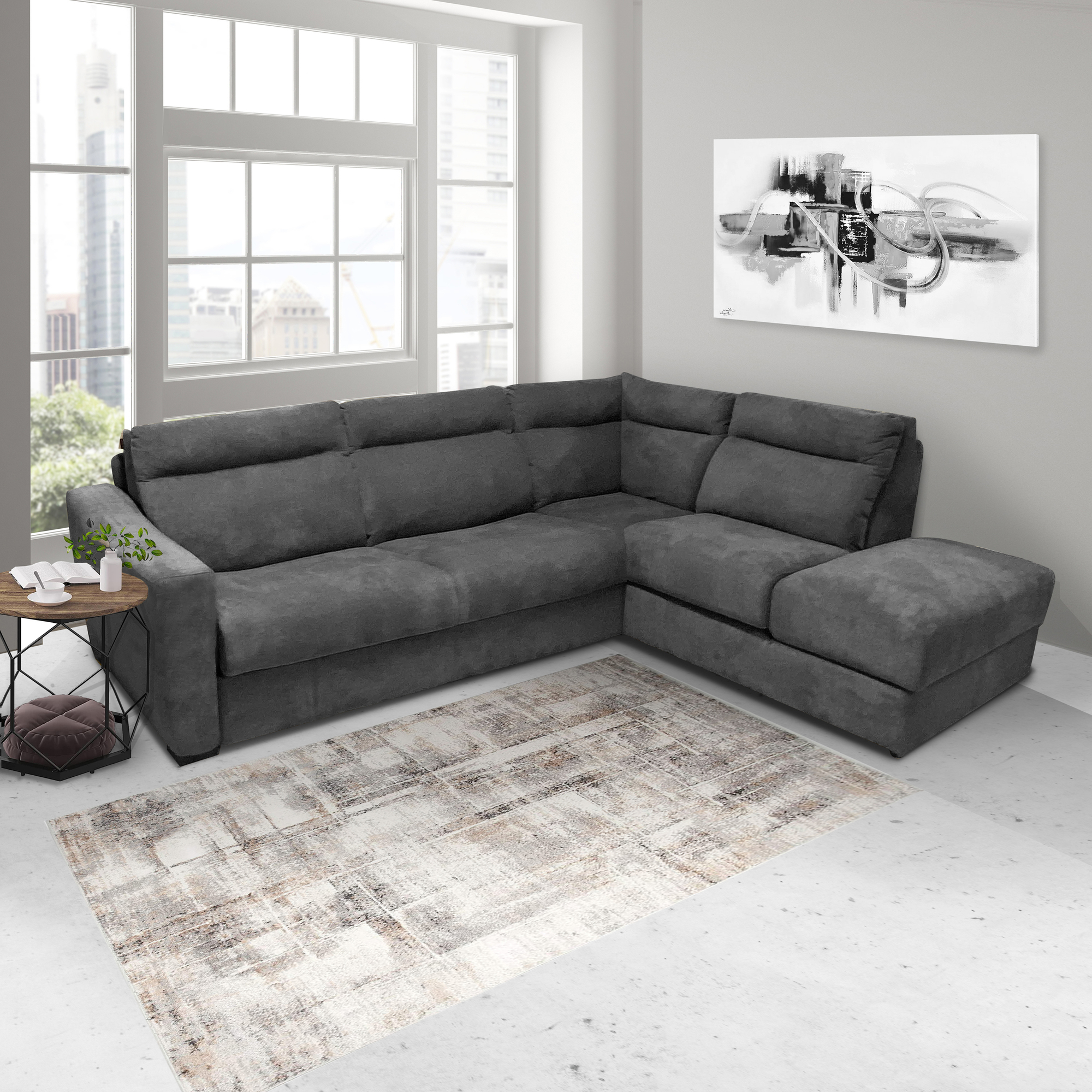 SALOTTO MOD. RYAN ANGOLARE DX CON RETE ELETTROSALDATA IN TESSUTO GRAFITE