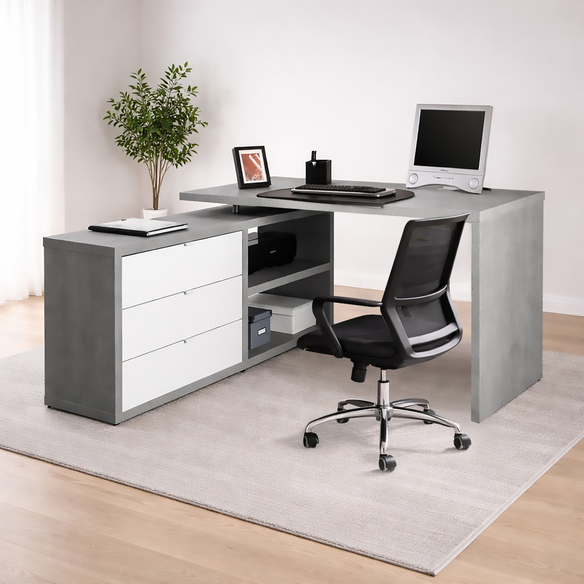 SCRIVANIA ANGOLO MOD. SCHEMA CM 150X140 H. 74.2 CEMENTO E BIANCO LUCIDO