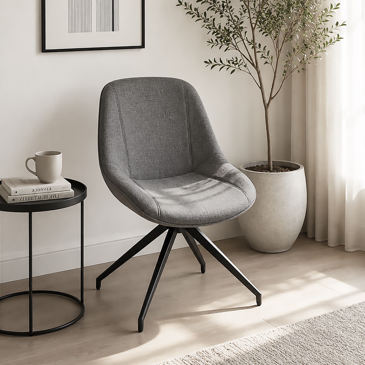 SEDIA GIREVOLE IN METALLO NERO E TESSUTO GRIGIO