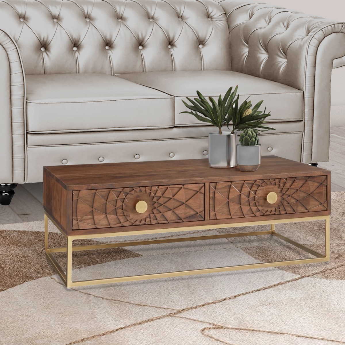 TAVOLINO MOD. SBJ-04 CM 115X55 H.40 IN LEGNO DI ACACIA E METALLO