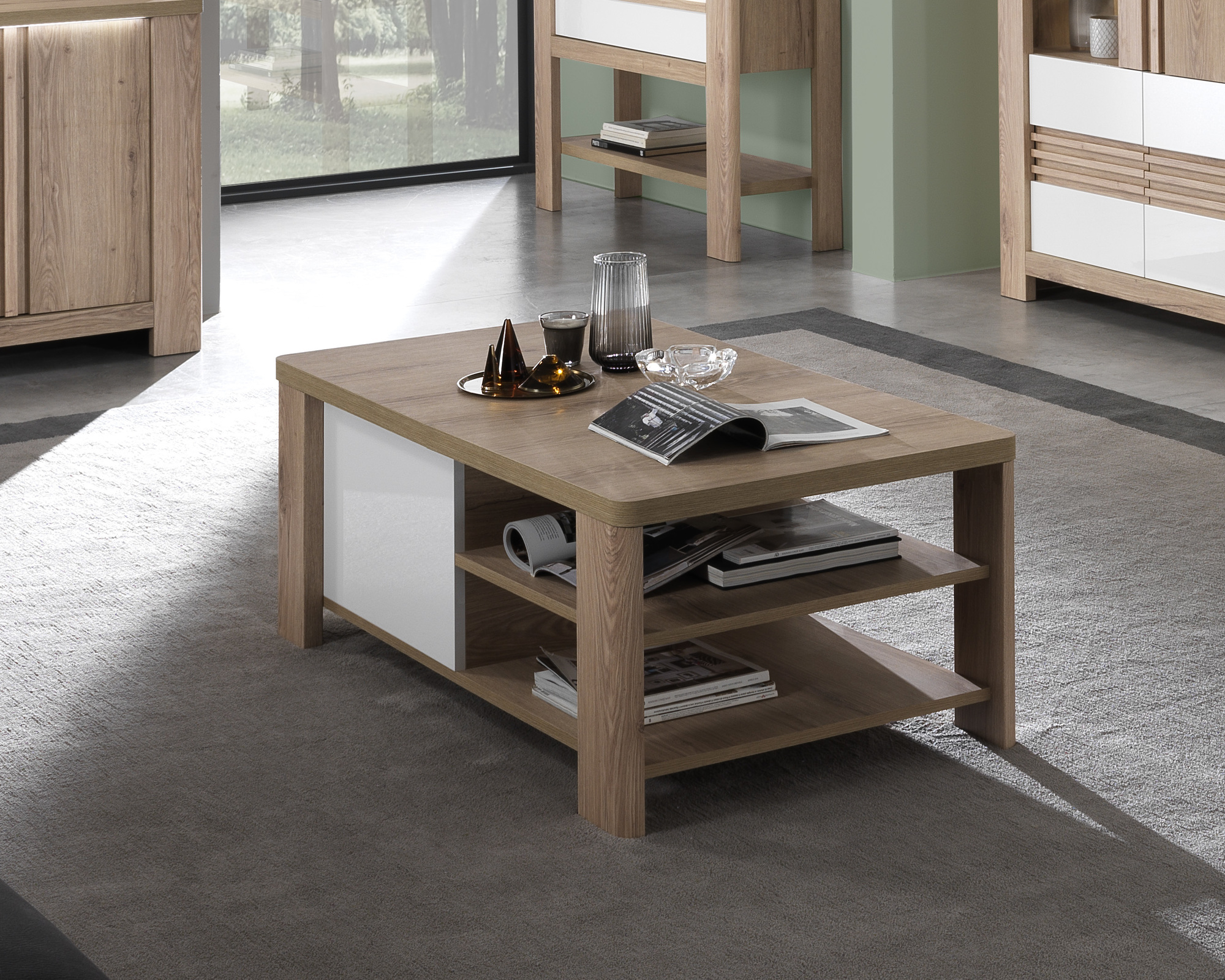 TAVOLINO MOD. PALAZZO CM 120X68 H. 46 ROVERE WELLINGTON E BIANCO LUCIDO