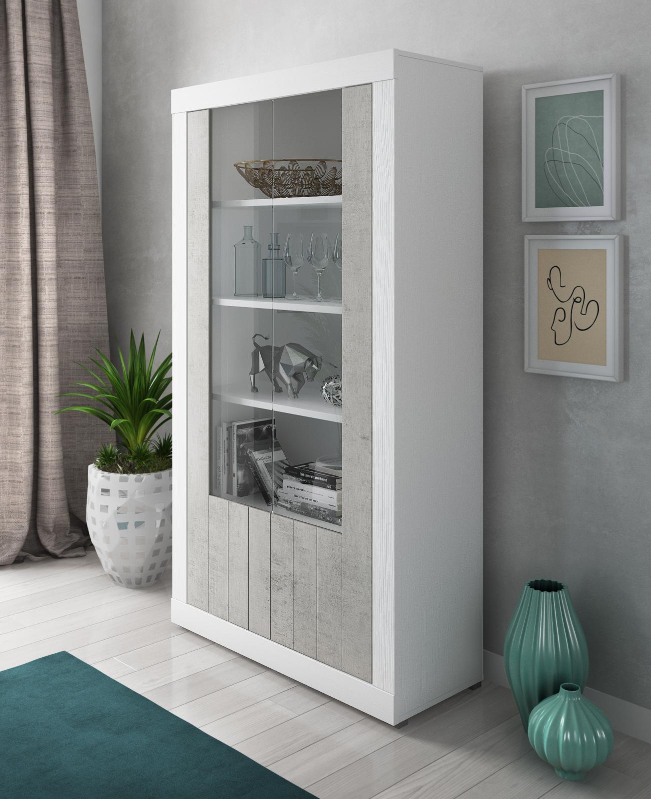 VETRINA MOD. RAVEN CM 105X42 H. 191 BIANCO FRASSINATO E CEMENTO