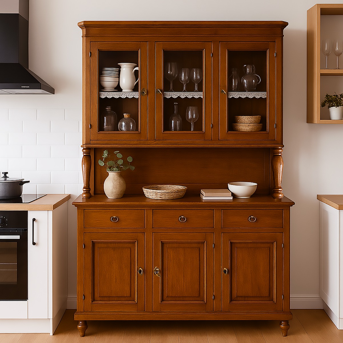 CRISTALLIERA IN LEGNO MASSELLO CM 160X50 H. 221 NOCE